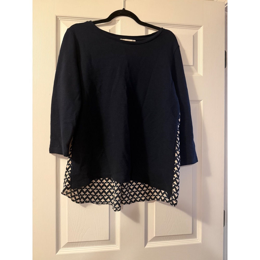 LOFT Navy Blue Ribbed Mixed Media Floral Back 3/4 Sleeve Blouse Top Large